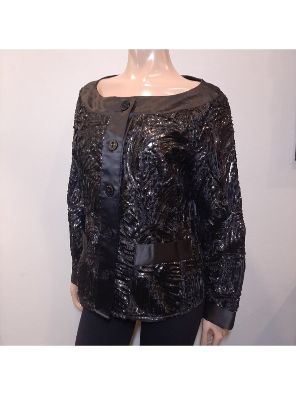 SAMUEL DONG Satin Jacket Textured Floral Buttoned Blazer Cardigan Top Designer - Picture 3 of 14